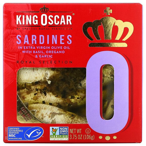 King Oscar Sardines In Extra Virgin Olive Oil with Basil Oregano .